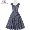 Grace Karin Stock sem mangas V-Neck Polka Dots Padrão Marinha Algodão Retro Vintage Dress CL007600-7